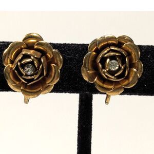 Vintage Copper Tone Flower Rhinestone Center Screw Backs
